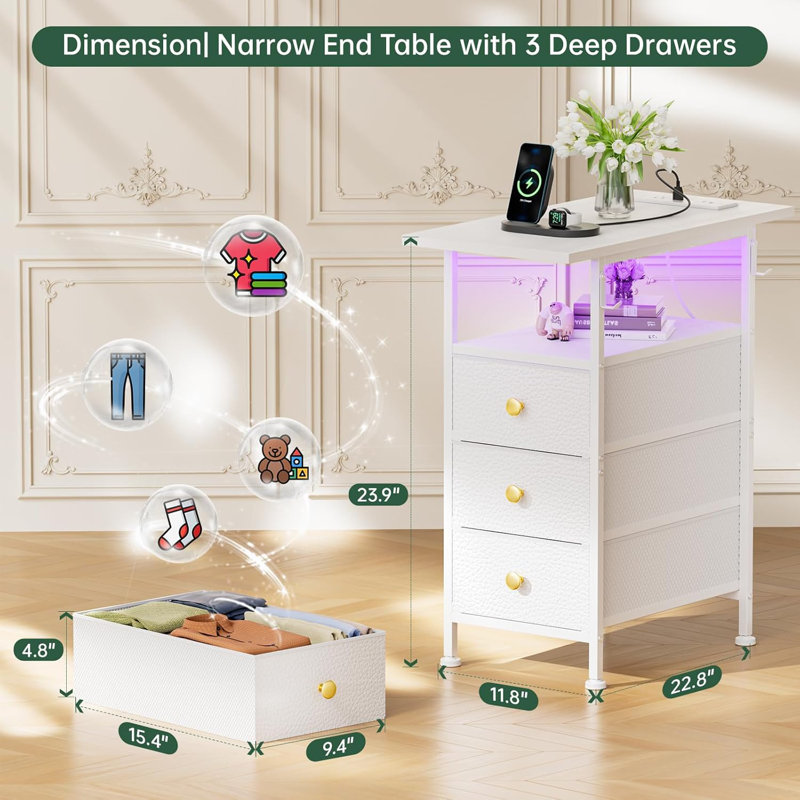 Wrought Studio Klecka 3 Drawer Dresser End Table with Charging Station Narrow Side Table with 3 Fabric Drawers and Shelf Skinny Nightstand with LED Light Slim Bedside Table for Bedroom Living